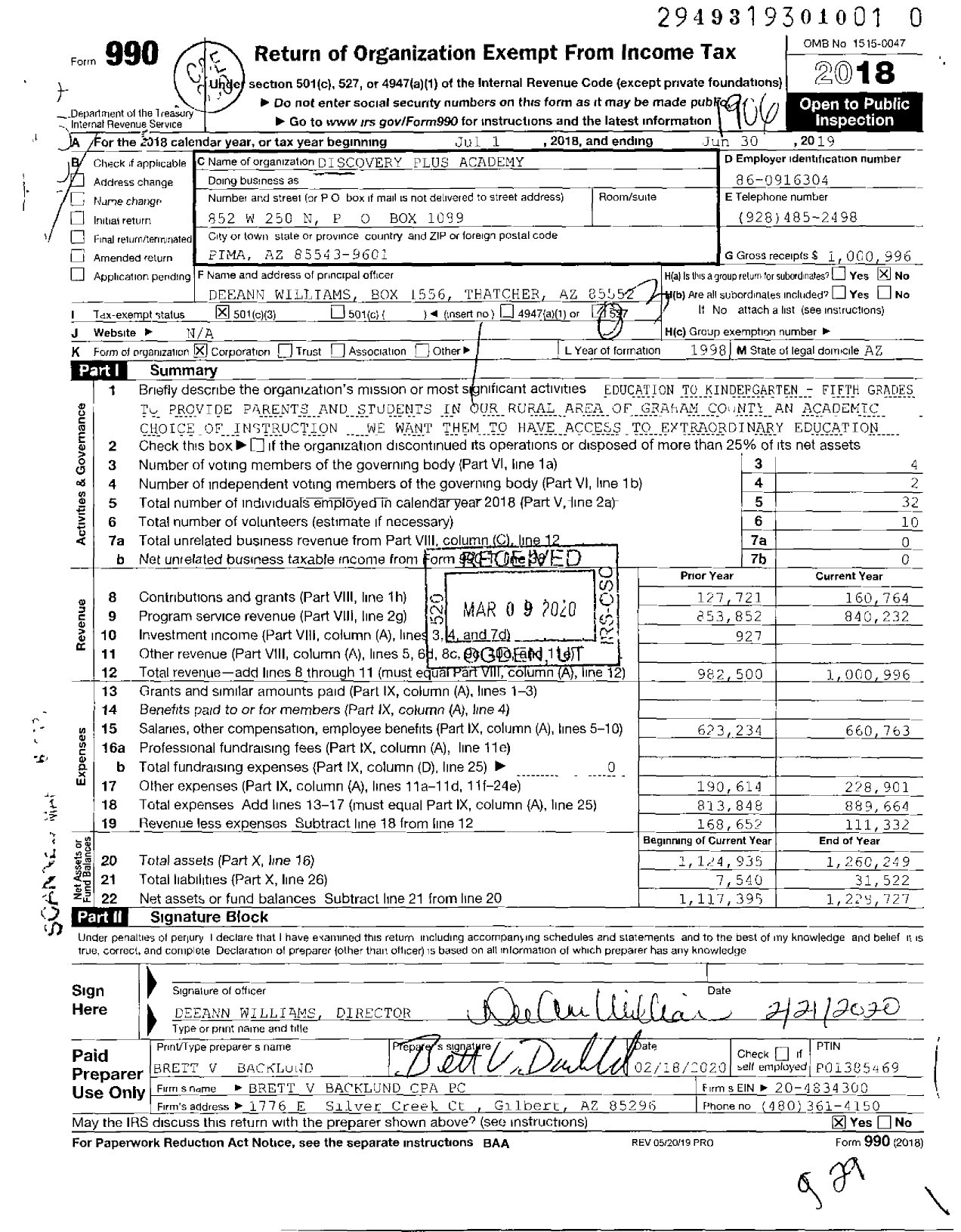 Image of first page of 2018 Form 990 for Discovery Plus Academy