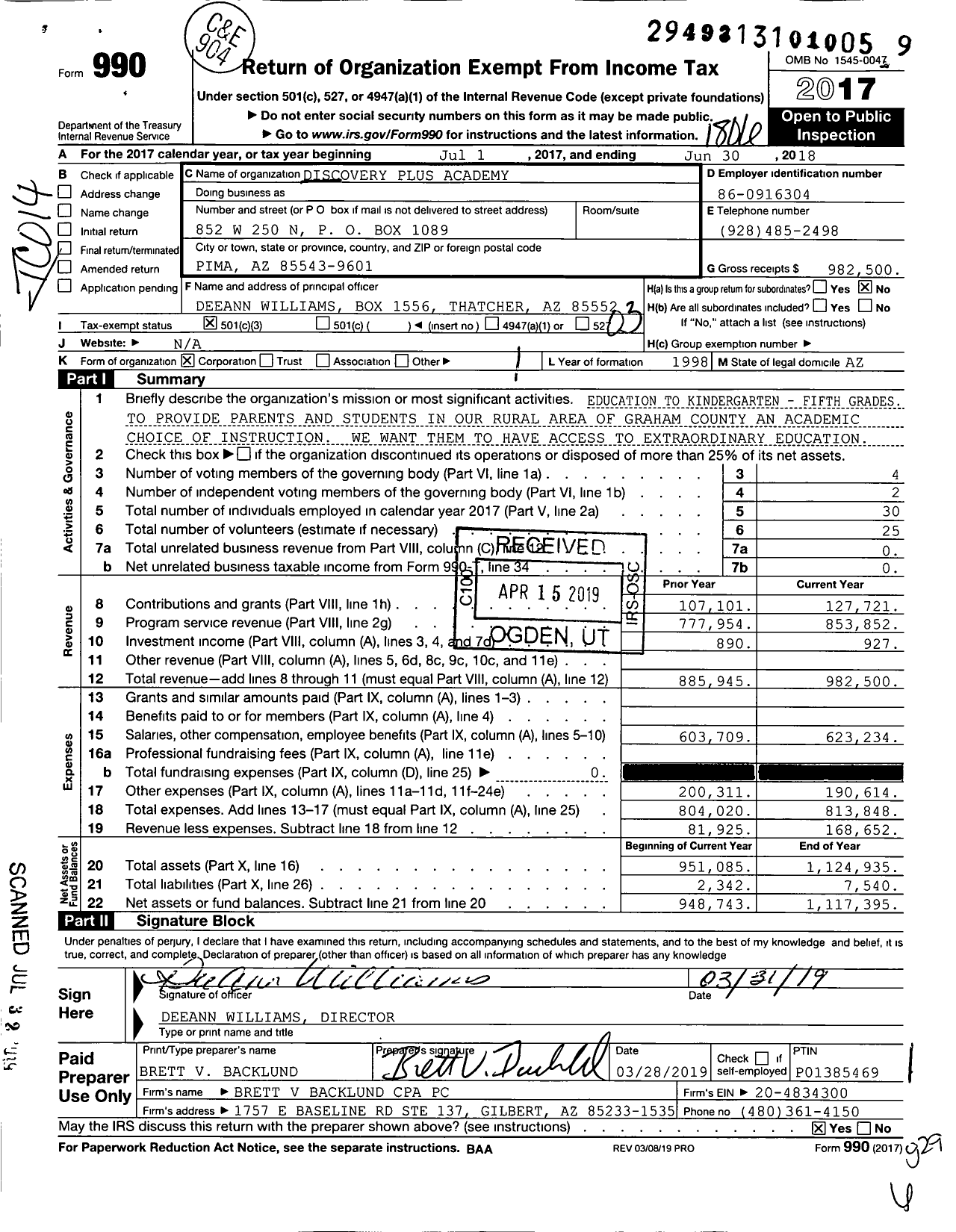 Image of first page of 2017 Form 990 for Discovery Plus Academy