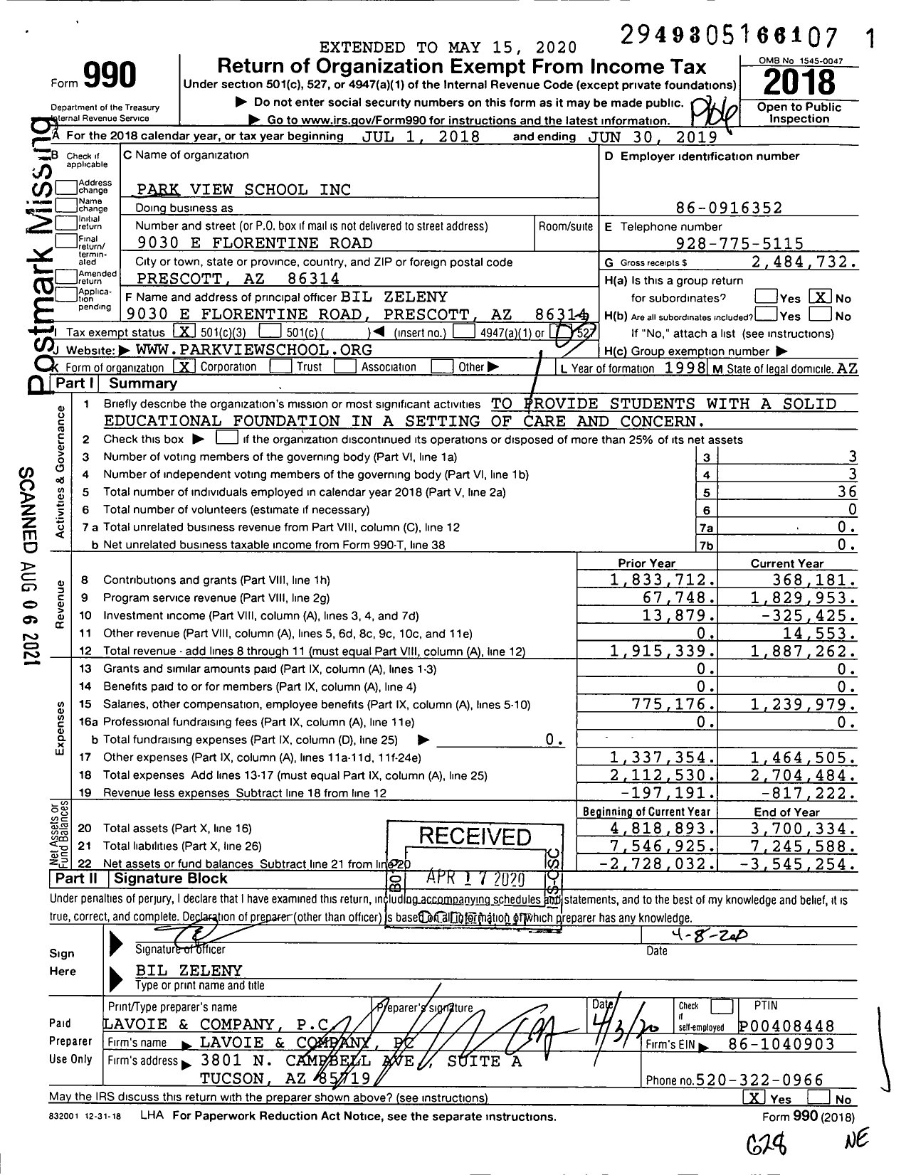 Image of first page of 2018 Form 990 for Park View Middle School (PVMS)