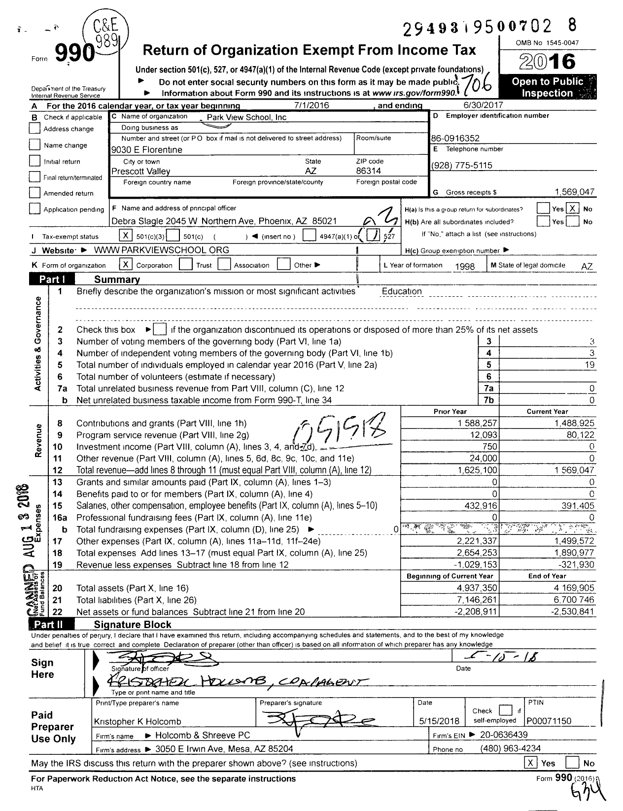 Image of first page of 2016 Form 990 for Park View Middle School (PVMS)