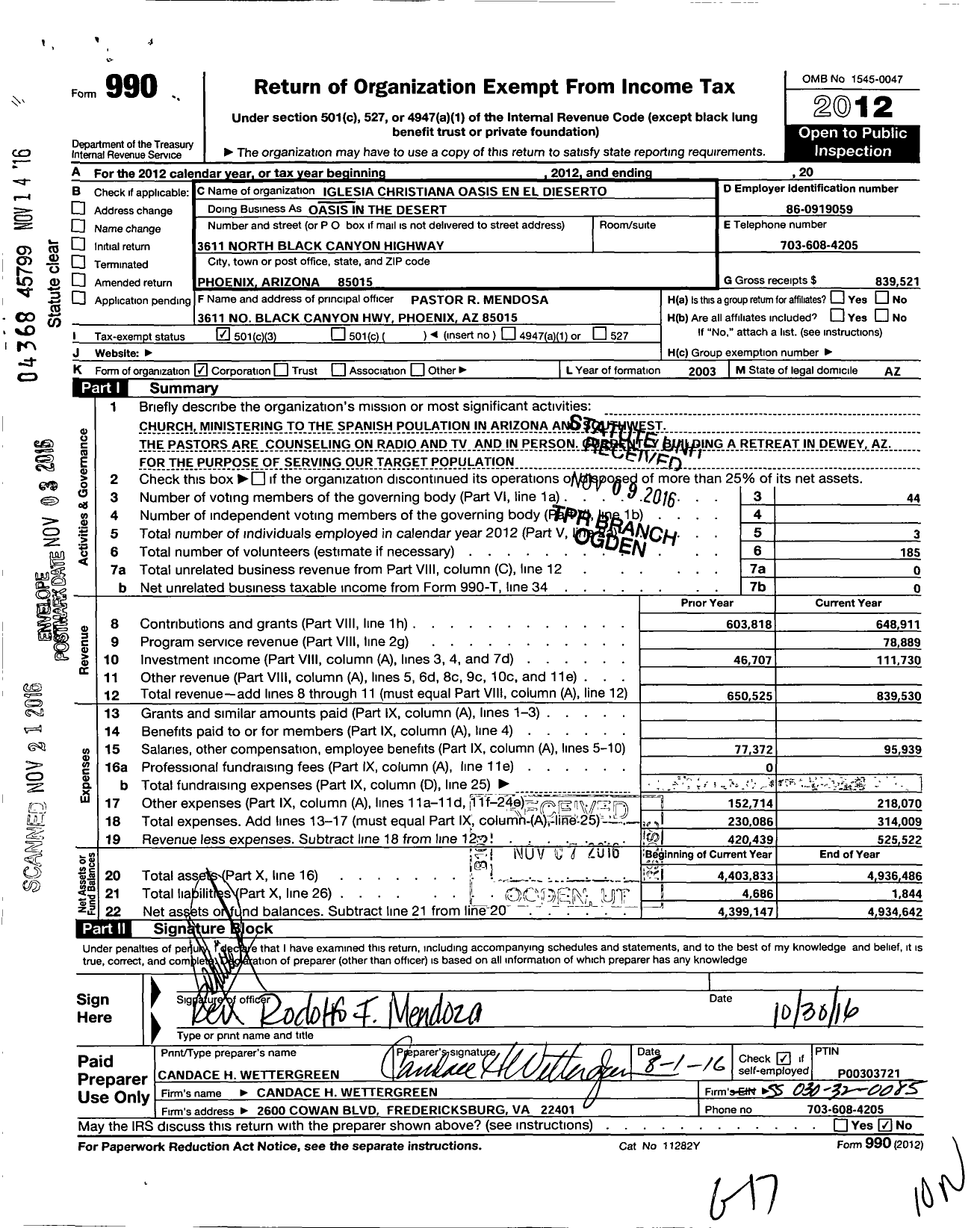 Image of first page of 2012 Form 990 for Iglesia Christiana Oasis En El Desierto