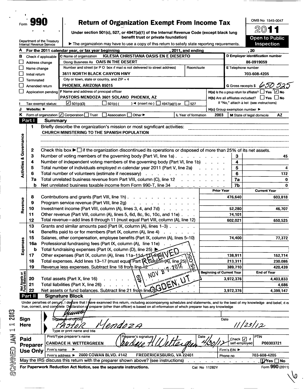 Image of first page of 2011 Form 990 for Iglesia Christiana Oasis En El Desierto