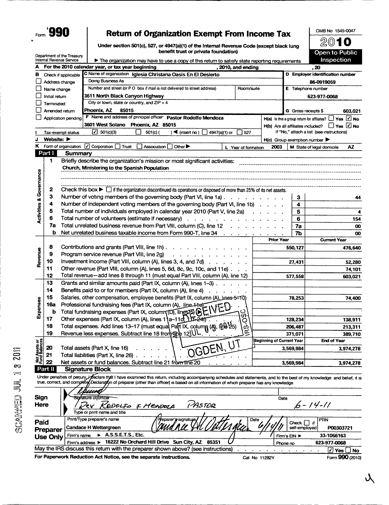 Image of first page of 2010 Form 990 for Iglesia Christiana Oasis En El Desierto