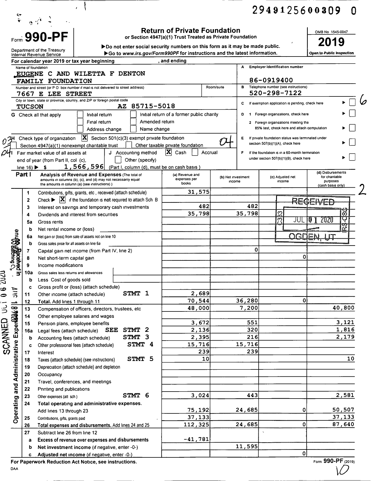 Image of first page of 2019 Form 990PR for Eugene C and Wiletta F Denton Family Foundation