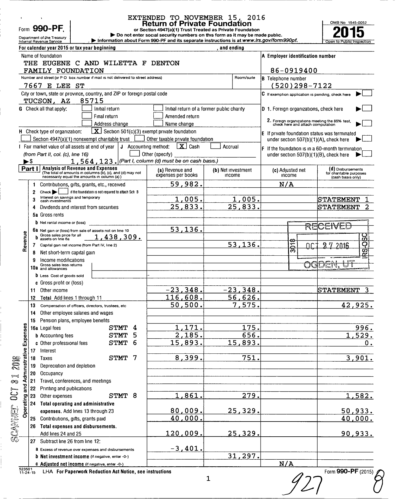 Image of first page of 2015 Form 990PF for Eugene C and Wiletta F Denton Family Foundation