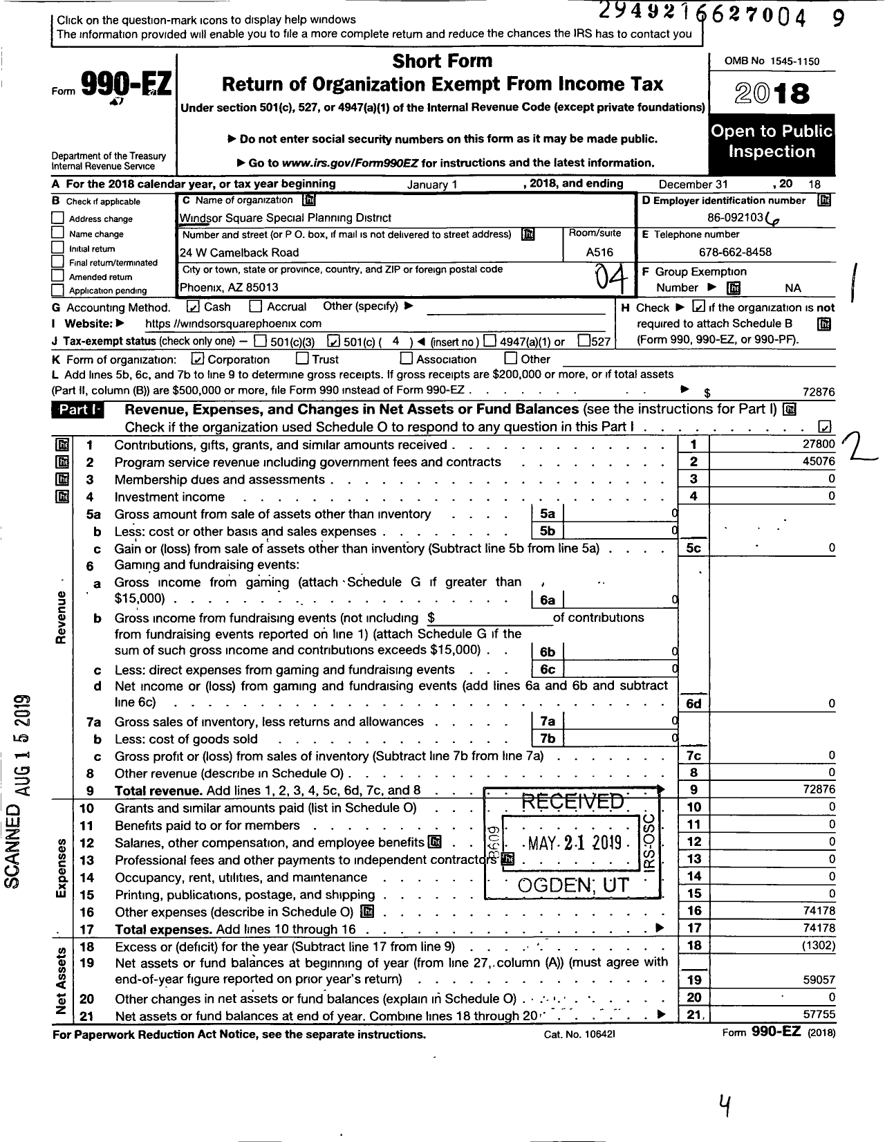 Image of first page of 2018 Form 990EO for Windsor Square Special Planning District