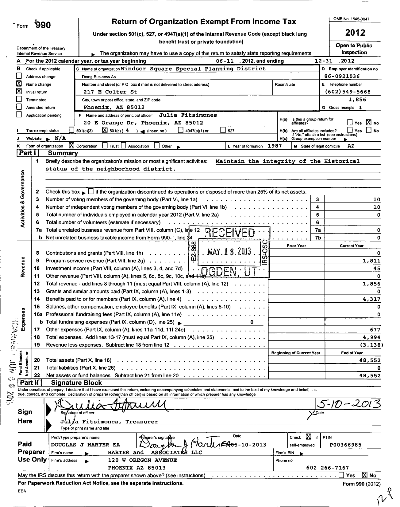 Image of first page of 2012 Form 990O for Windsor Square Special Planning District