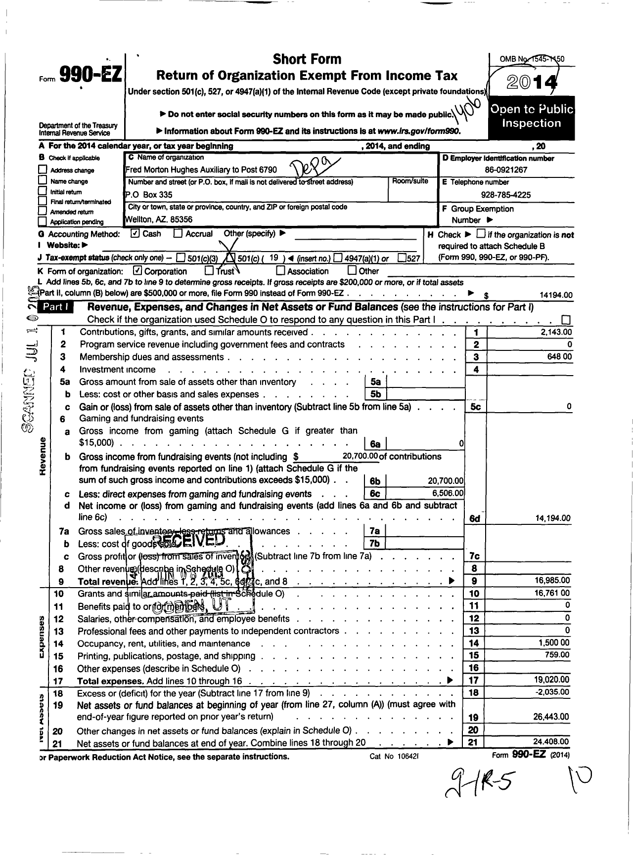 Image of first page of 2013 Form 990EO for Veterans of Foreign Wars of the Us Auxiliary Department of Arizona - 6790 Fred Morton Hughes Auxiliary To Post