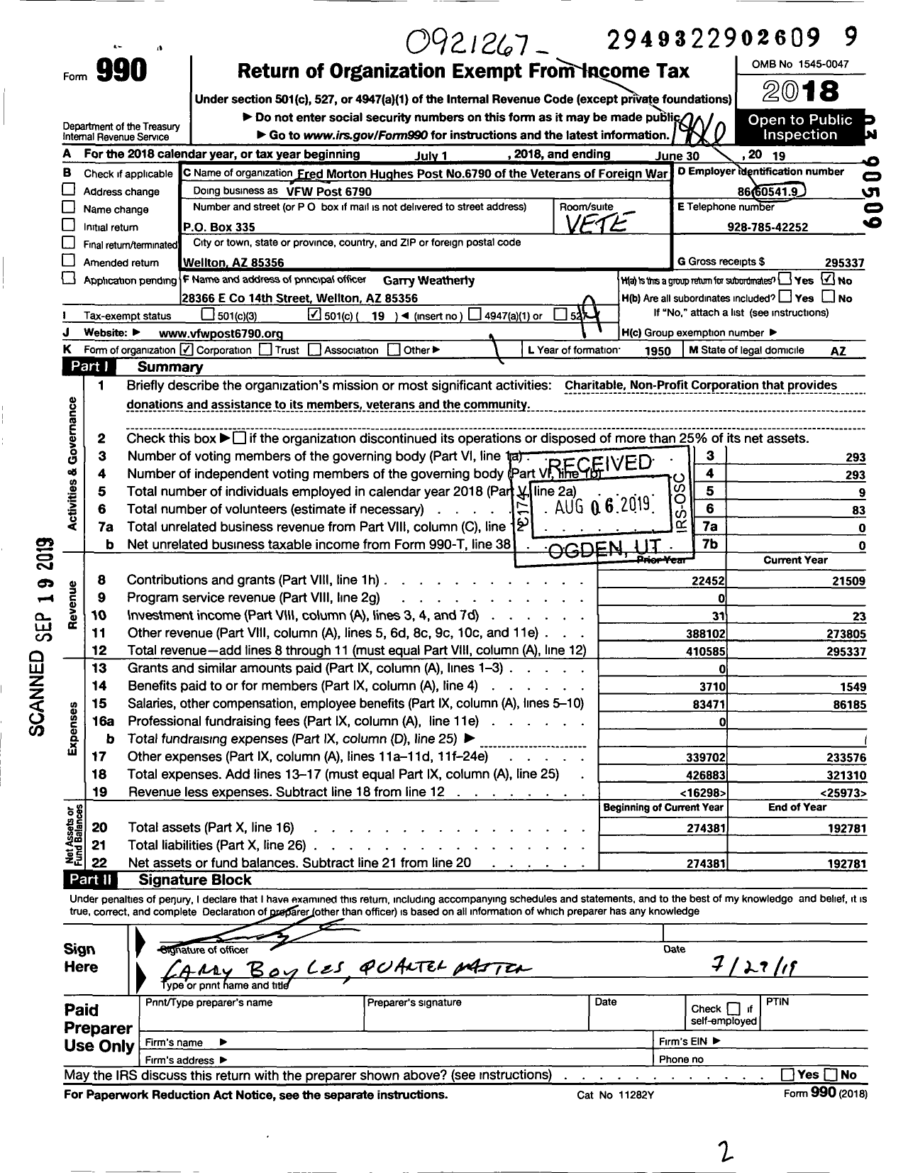 Image of first page of 2018 Form 990O for Veterans of Foreign Wars of the Us Auxiliary Department of Arizona - 6790 Fred Morton Hughes Auxiliary To Post