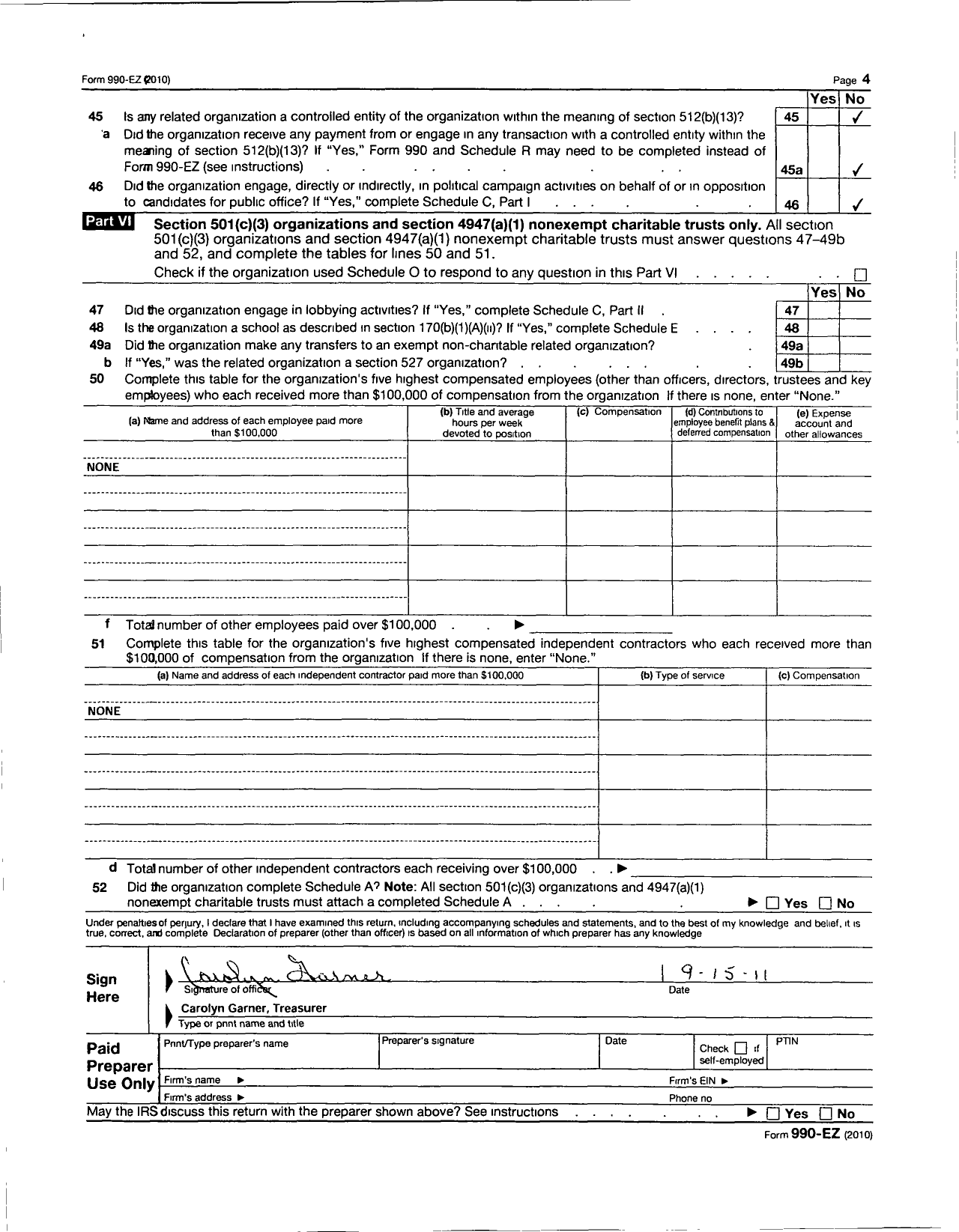 Image of first page of 2010 Form 990EOR for Veterans of Foreign Wars of the Us Auxiliary Department of Arizona - 6790 Fred Morton Hughes Auxiliary To Post