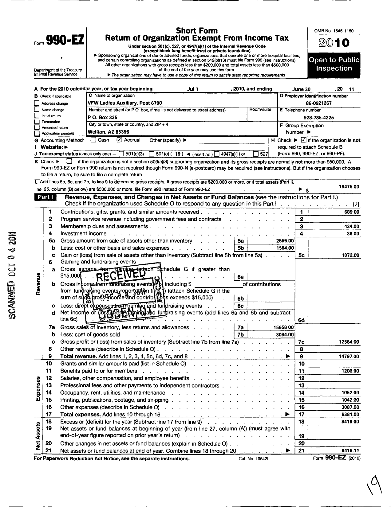 Image of first page of 2010 Form 990EO for Veterans of Foreign Wars of the Us Auxiliary Department of Arizona - 6790 Fred Morton Hughes Auxiliary To Post