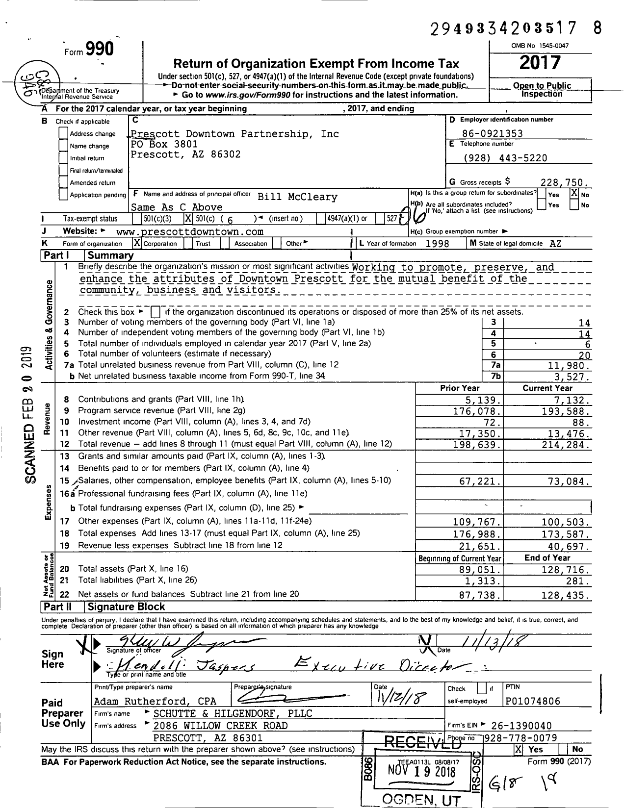 Image of first page of 2017 Form 990O for Prescott Downtown Partnership