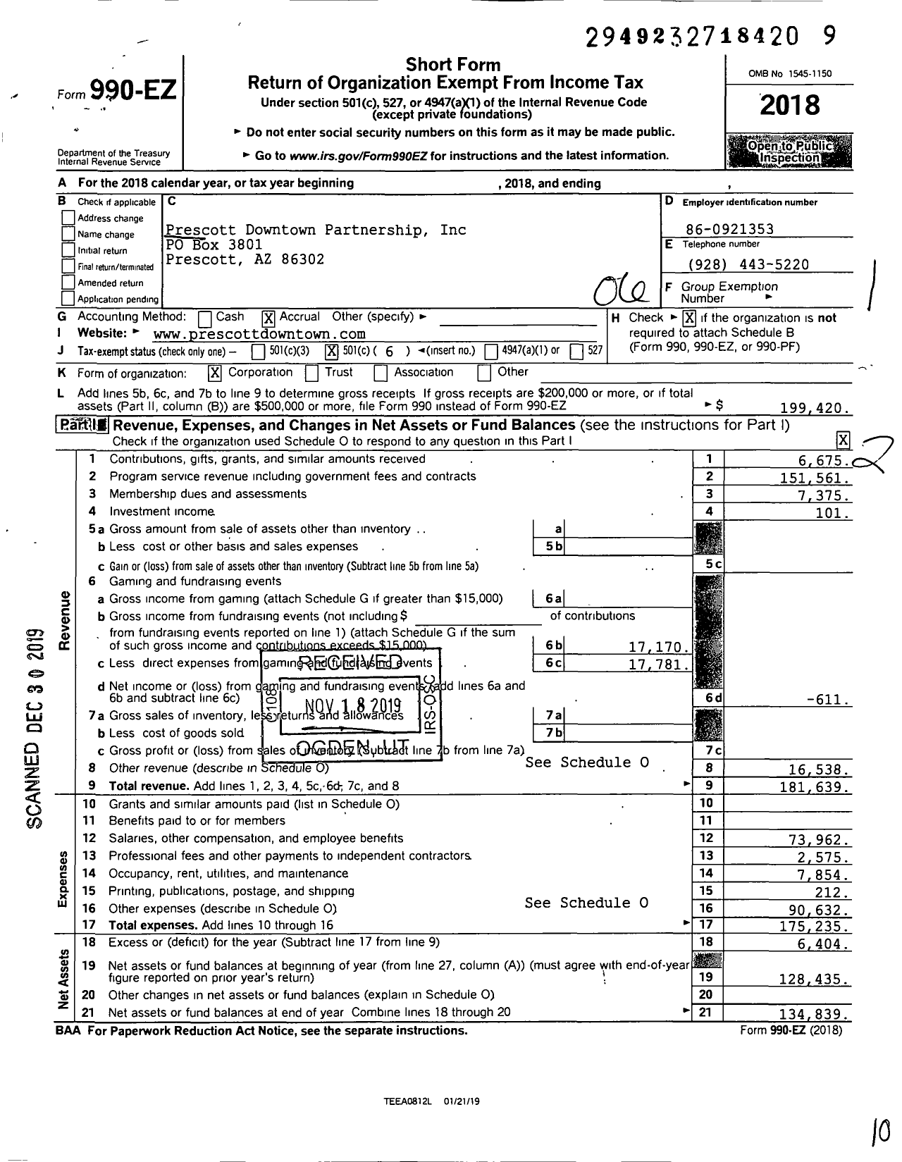 Image of first page of 2018 Form 990EO for Prescott Downtown Partnership