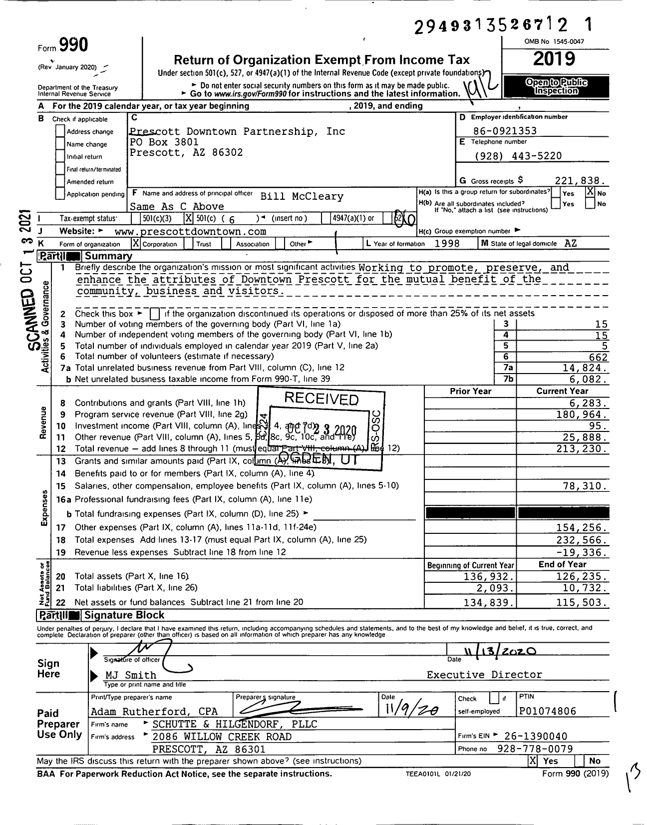 Image of first page of 2019 Form 990O for Prescott Downtown Partnership