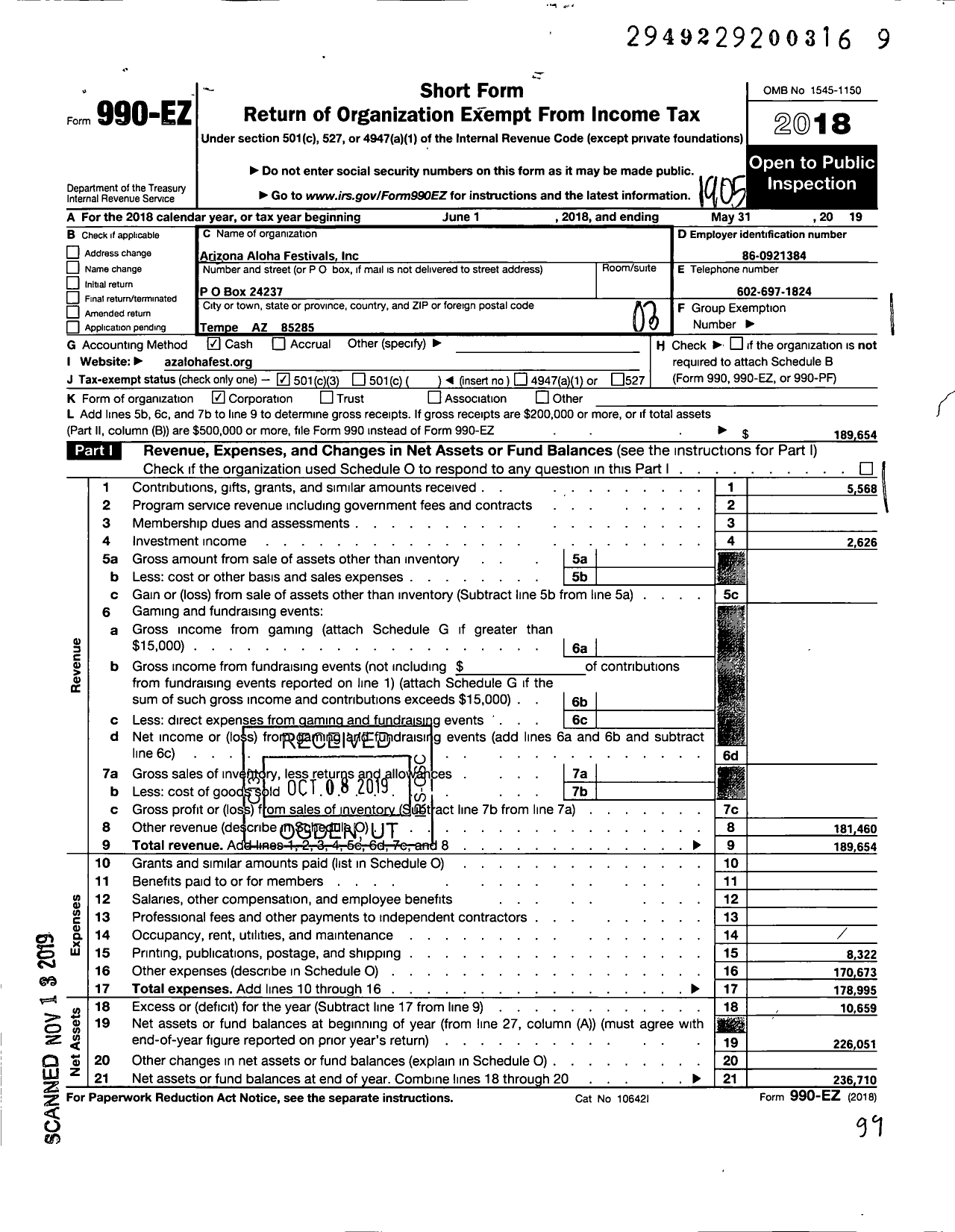 Image of first page of 2018 Form 990EZ for Arizona Aloha Festivals