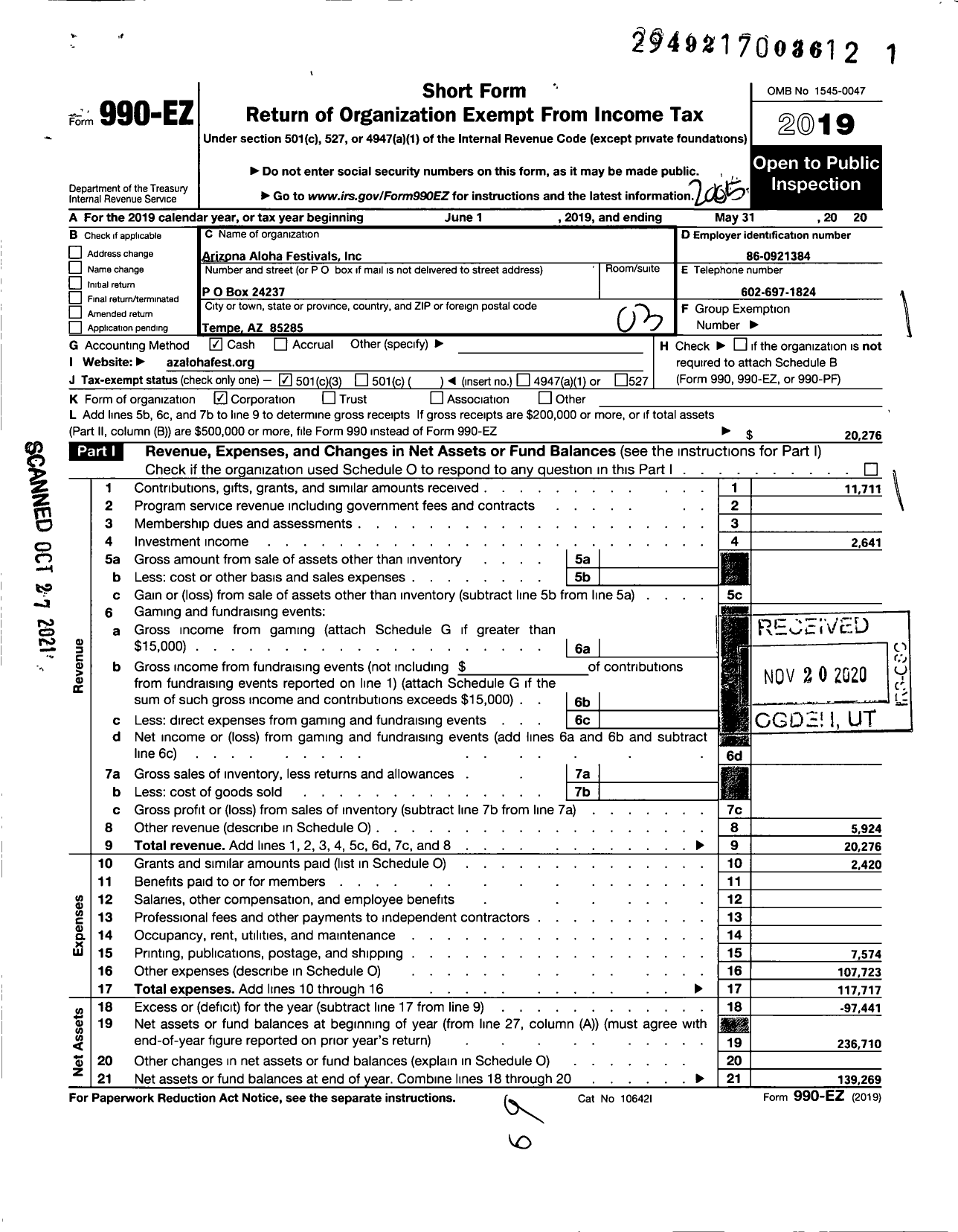 Image of first page of 2019 Form 990EZ for Arizona Aloha Festivals