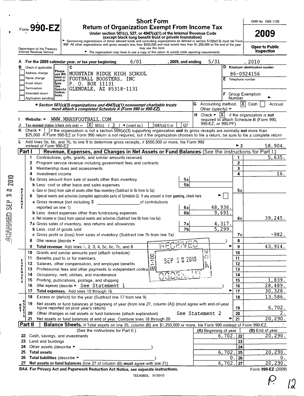 Image of first page of 2009 Form 990EZ for Mountain Ridge High School Football Boosters