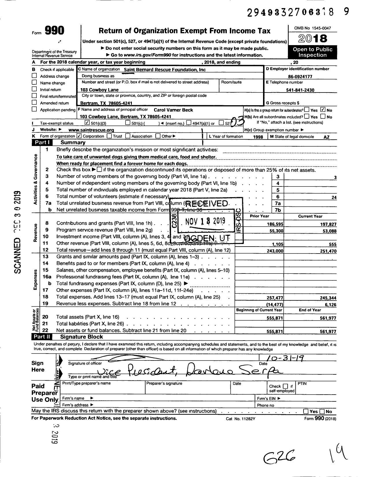 Image of first page of 2018 Form 990 for Saint Bernard Rescue Foundation