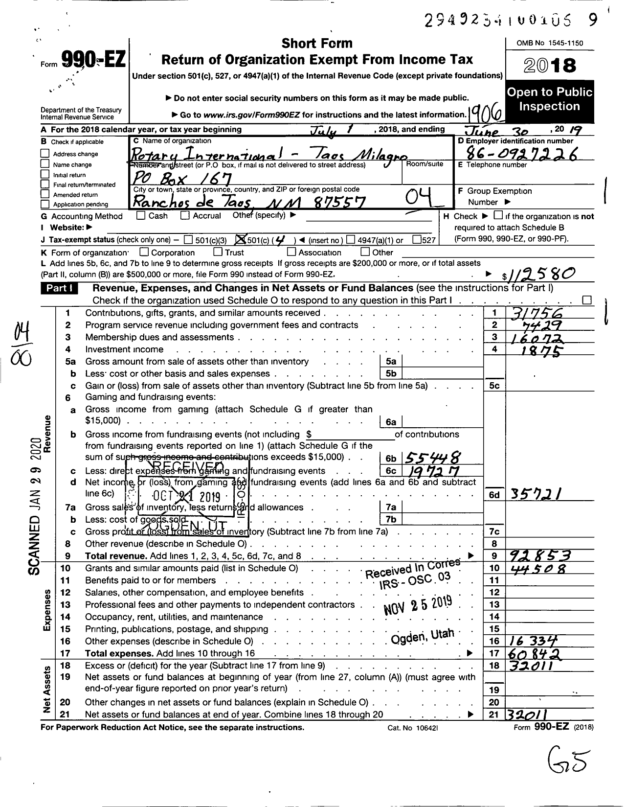 Image of first page of 2018 Form 990EO for Rotary International Taos-Milagro