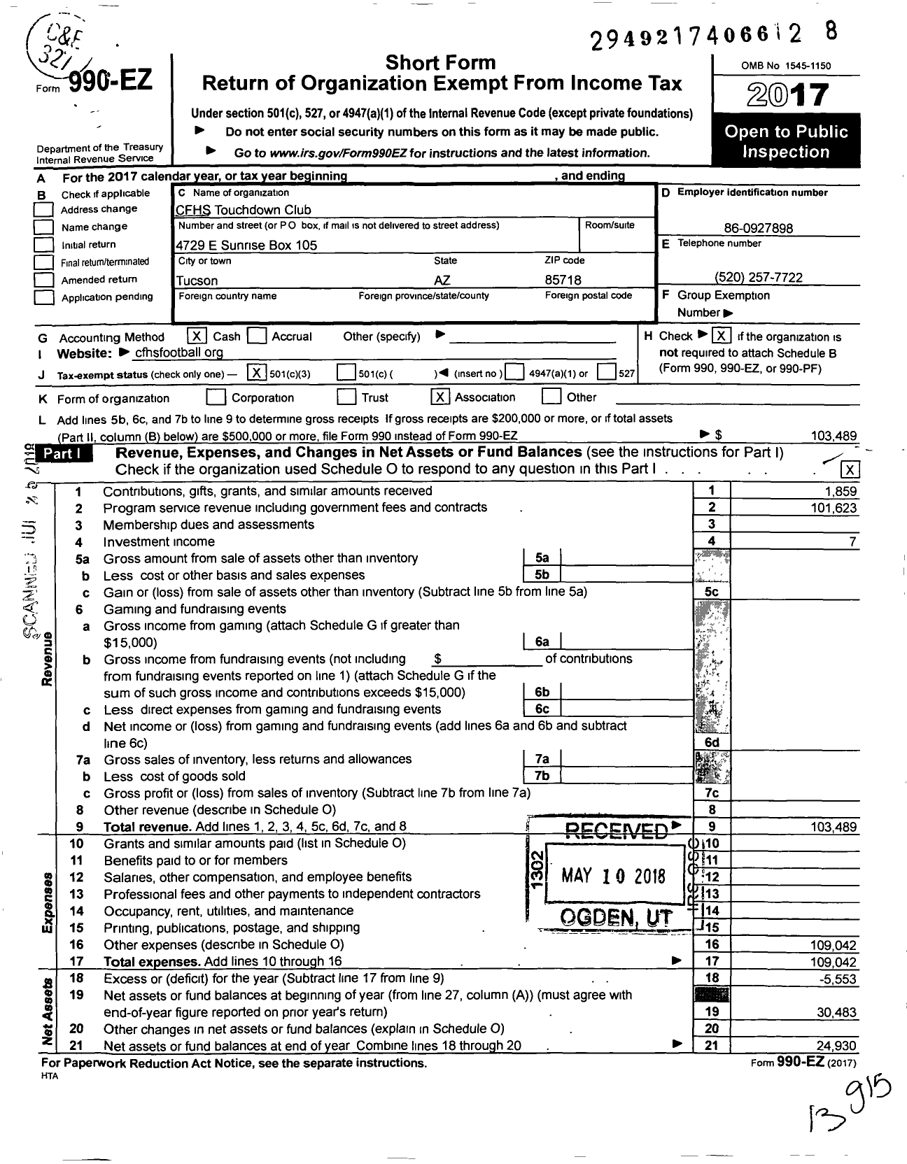 Image of first page of 2017 Form 990EZ for CFHS Touchdown Club