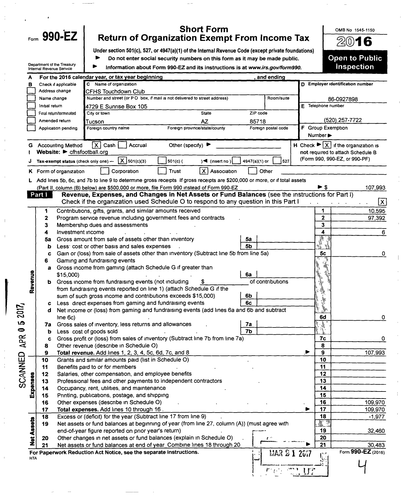 Image of first page of 2016 Form 990EZ for CFHS Touchdown Club