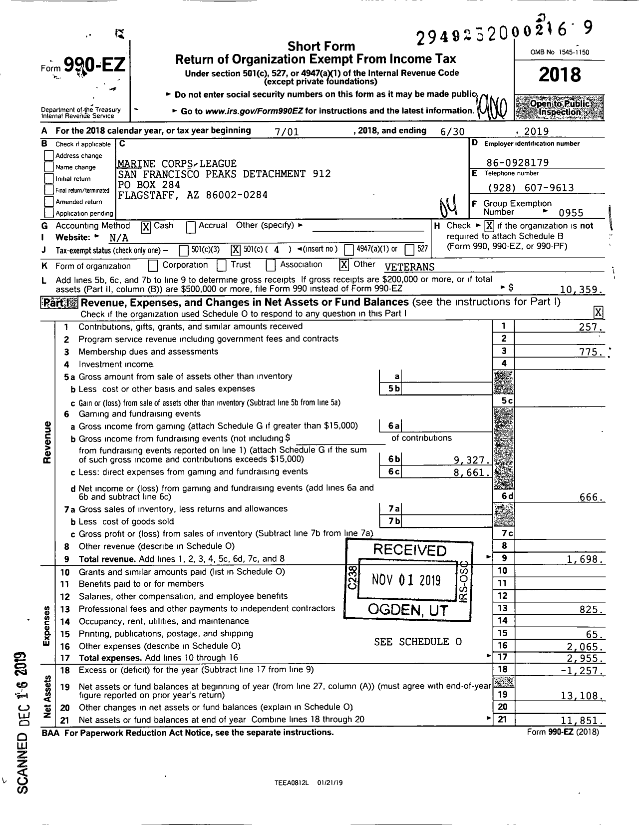 Image of first page of 2018 Form 990EO for Marine Corps League - 912 MCL San Francisco Peaks Detachm