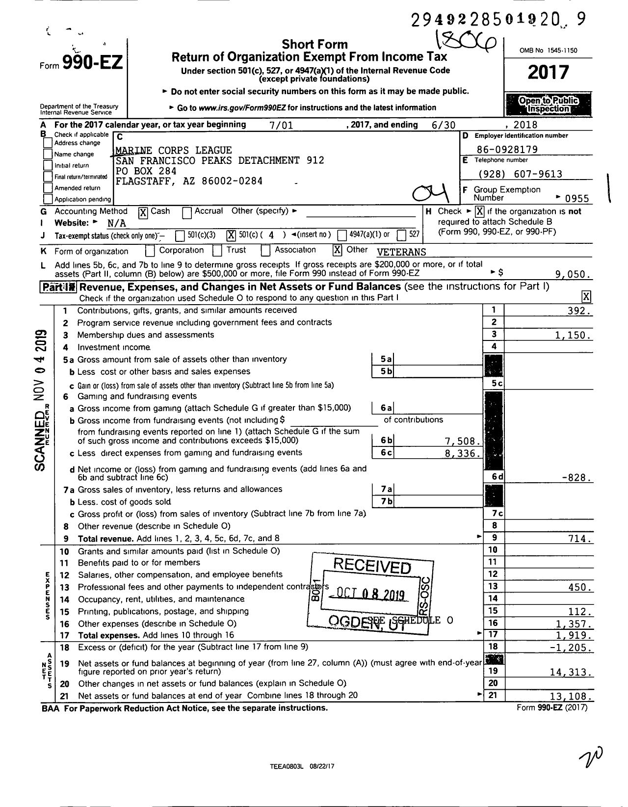 Image of first page of 2017 Form 990EO for Marine Corps League - 912 MCL San Francisco Peaks Detachm