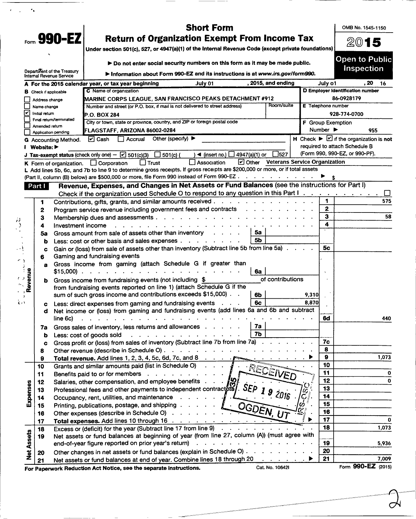 Image of first page of 2015 Form 990EZ for Marine Corps League - 912 MCL San Francisco Peaks Detachm