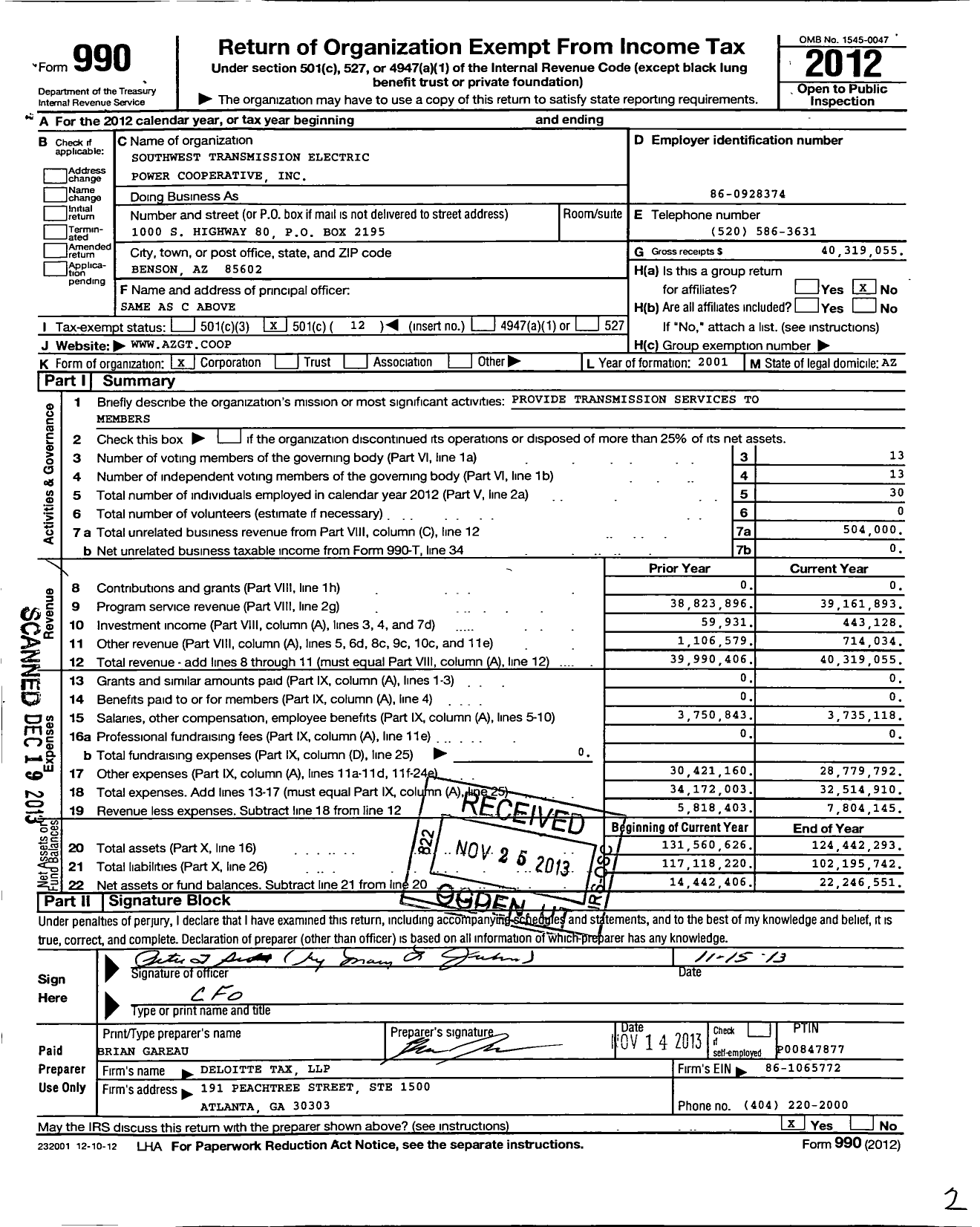 Image of first page of 2012 Form 990O for Southwest Transmission Electric Power Cooperative