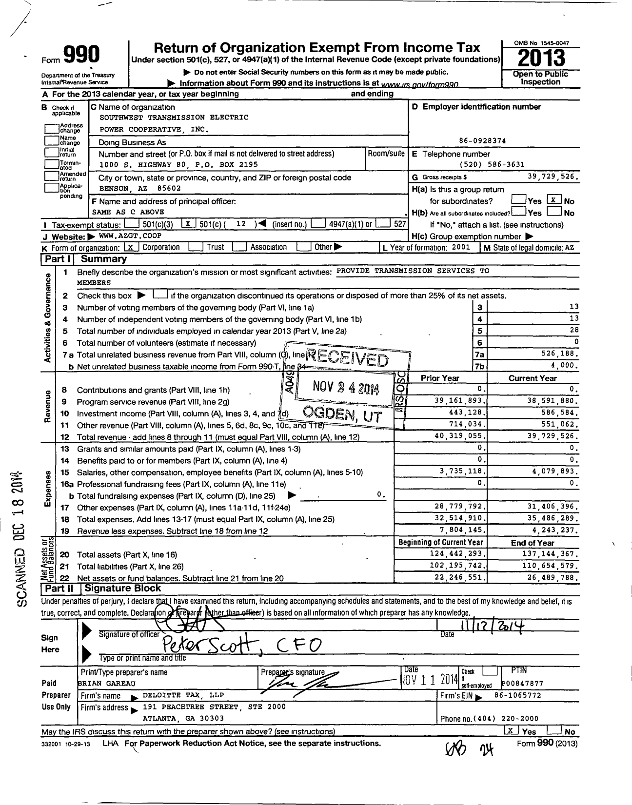 Image of first page of 2013 Form 990O for Southwest Transmission Electric Power Cooperative
