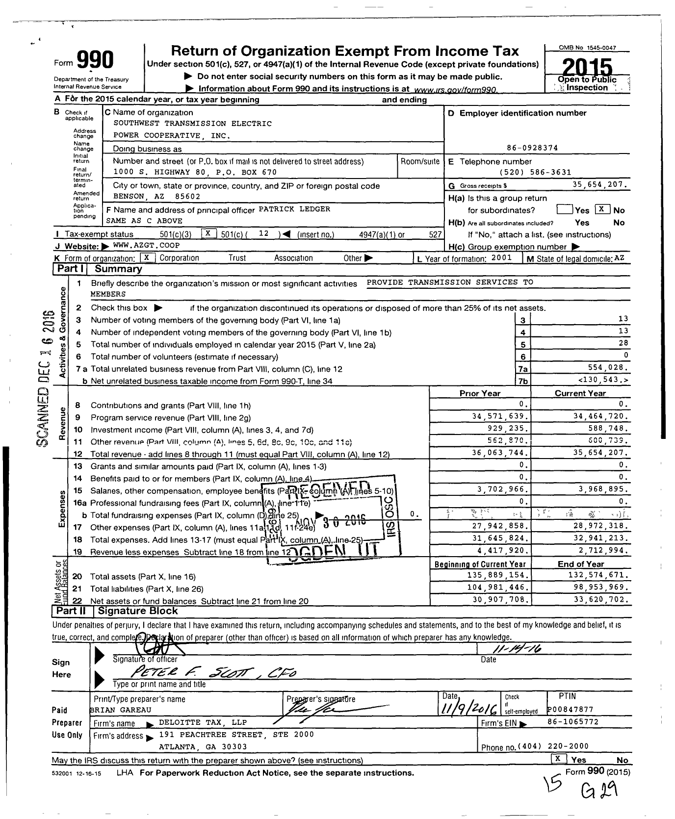 Image of first page of 2015 Form 990O for Southwest Transmission Electric Power Cooperative