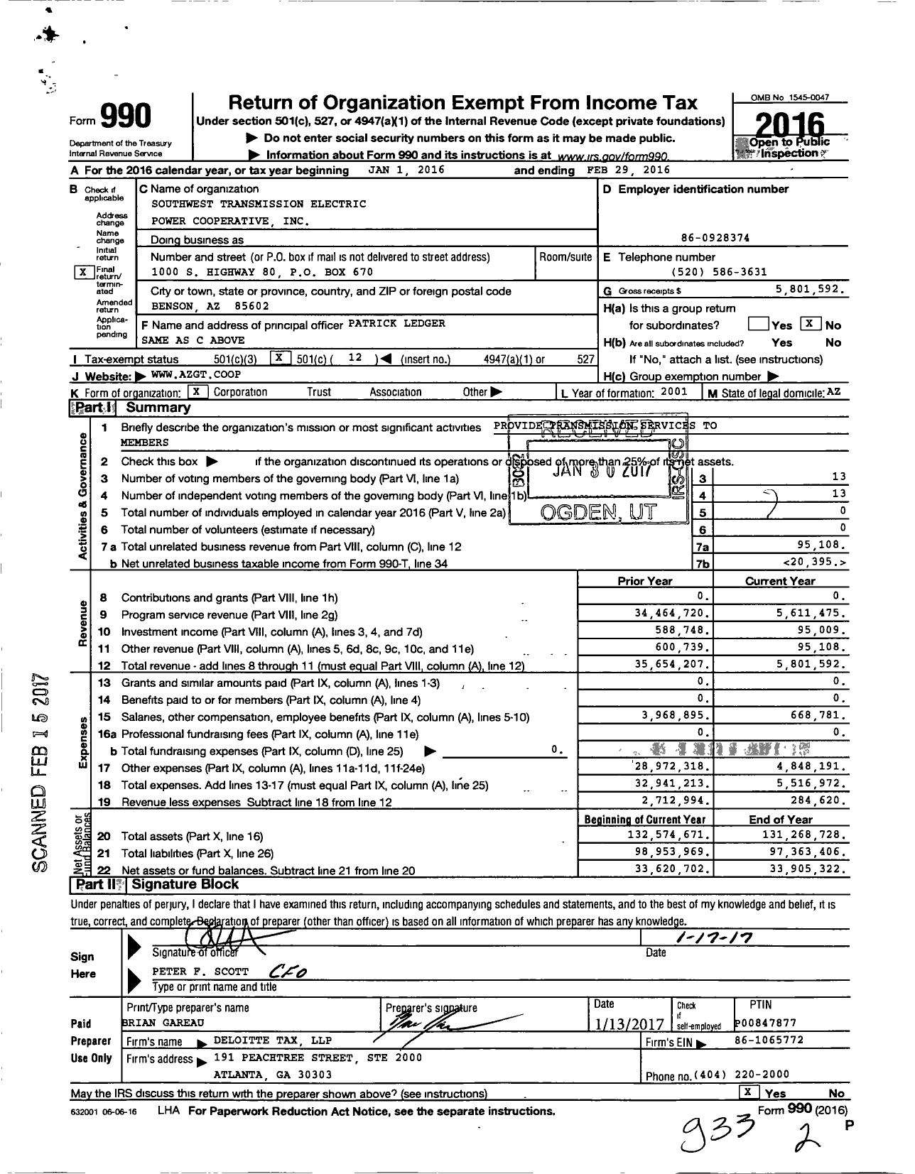 Image of first page of 2015 Form 990O for Southwest Transmission Electric Power Cooperative