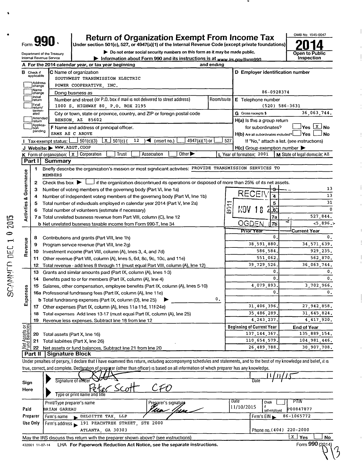 Image of first page of 2014 Form 990O for Southwest Transmission Electric Power Cooperative