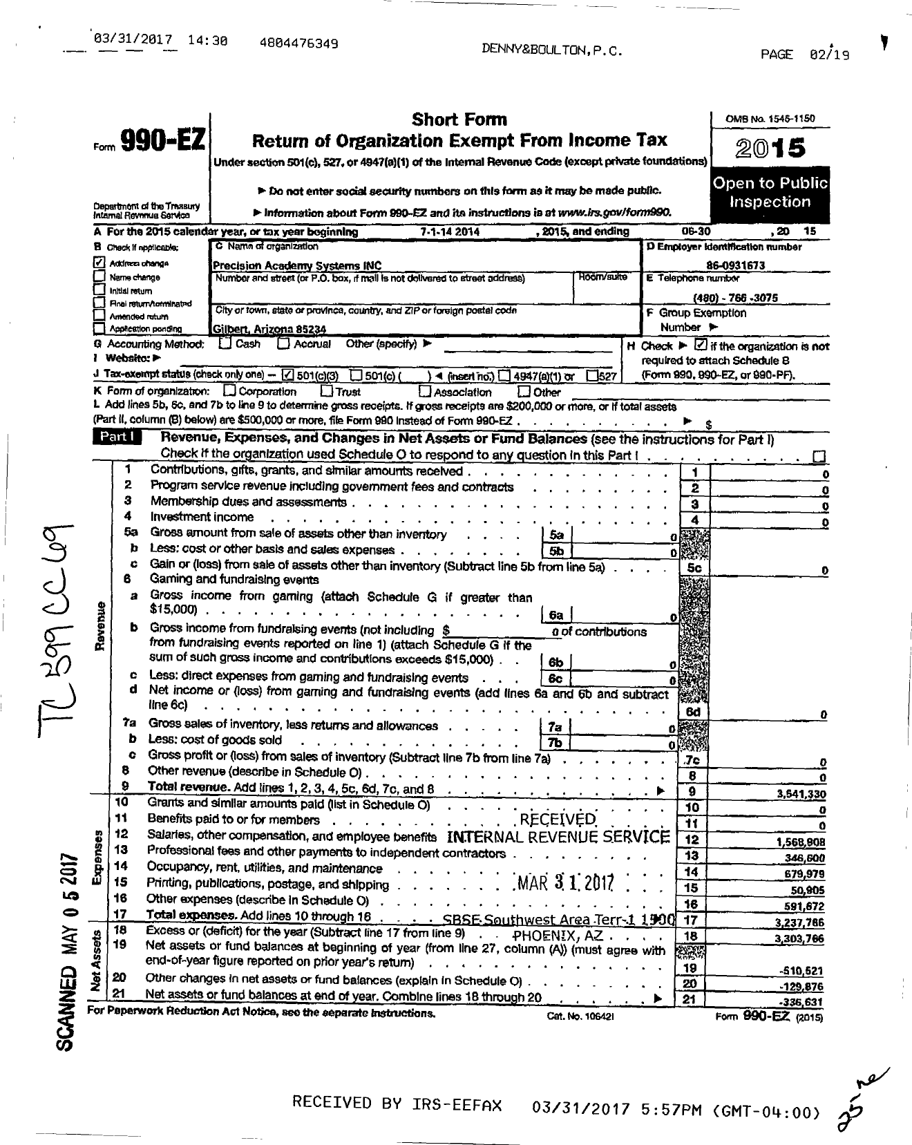 Image of first page of 2014 Form 990EZ for Precision Academy System