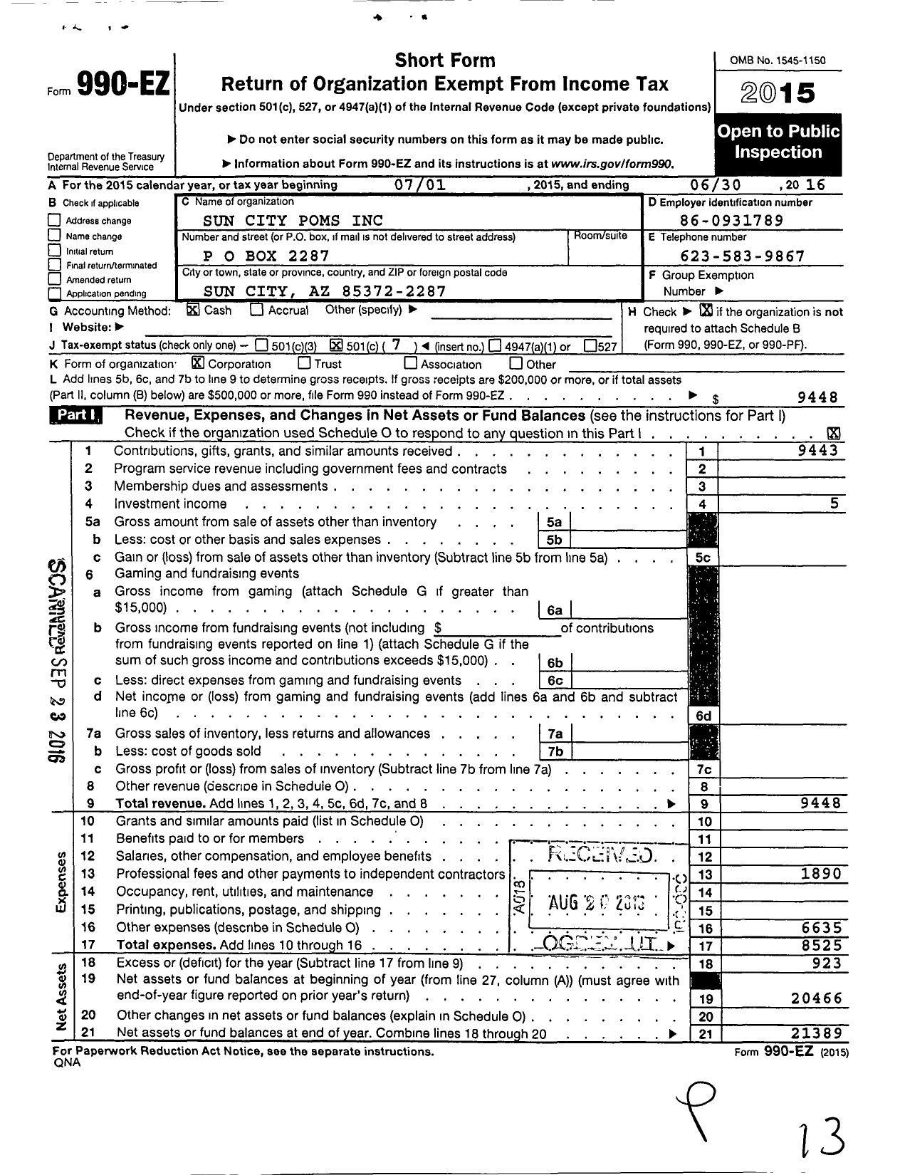 Image of first page of 2015 Form 990EO for Recreation Centers of Sun City