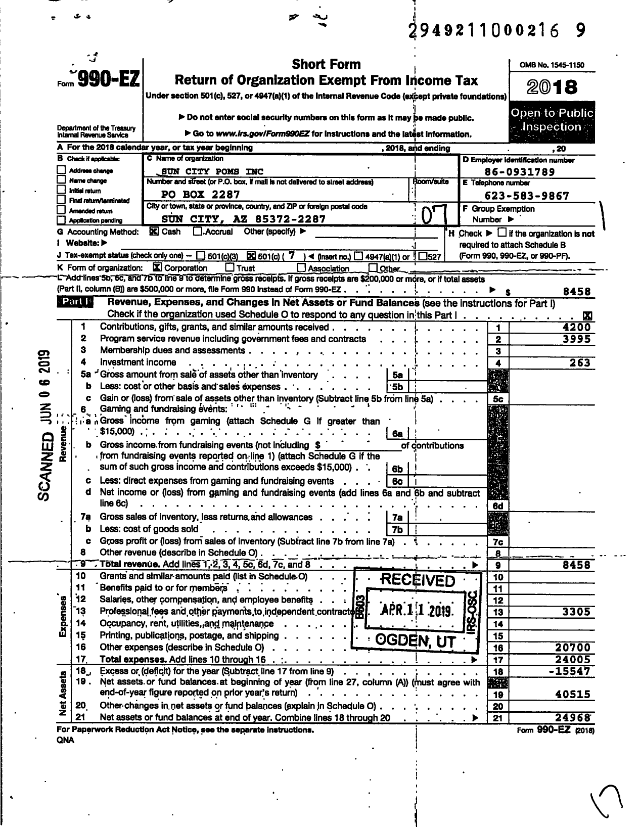 Image of first page of 2018 Form 990EO for Recreation Centers of Sun City