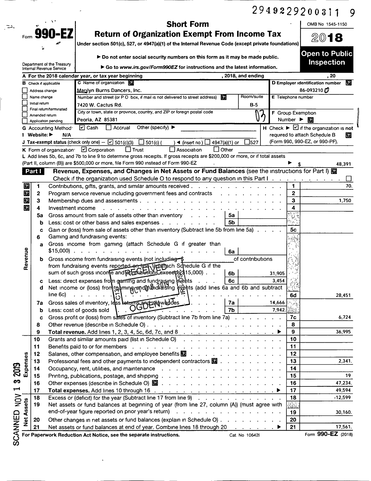 Image of first page of 2018 Form 990EZ for Marilyn Burns Dancers