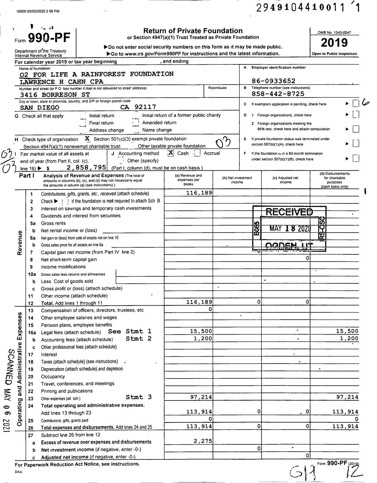 Image of first page of 2019 Form 990PF for O2 for Life A Rainforest Foundation Lawrence H Cahn CPA