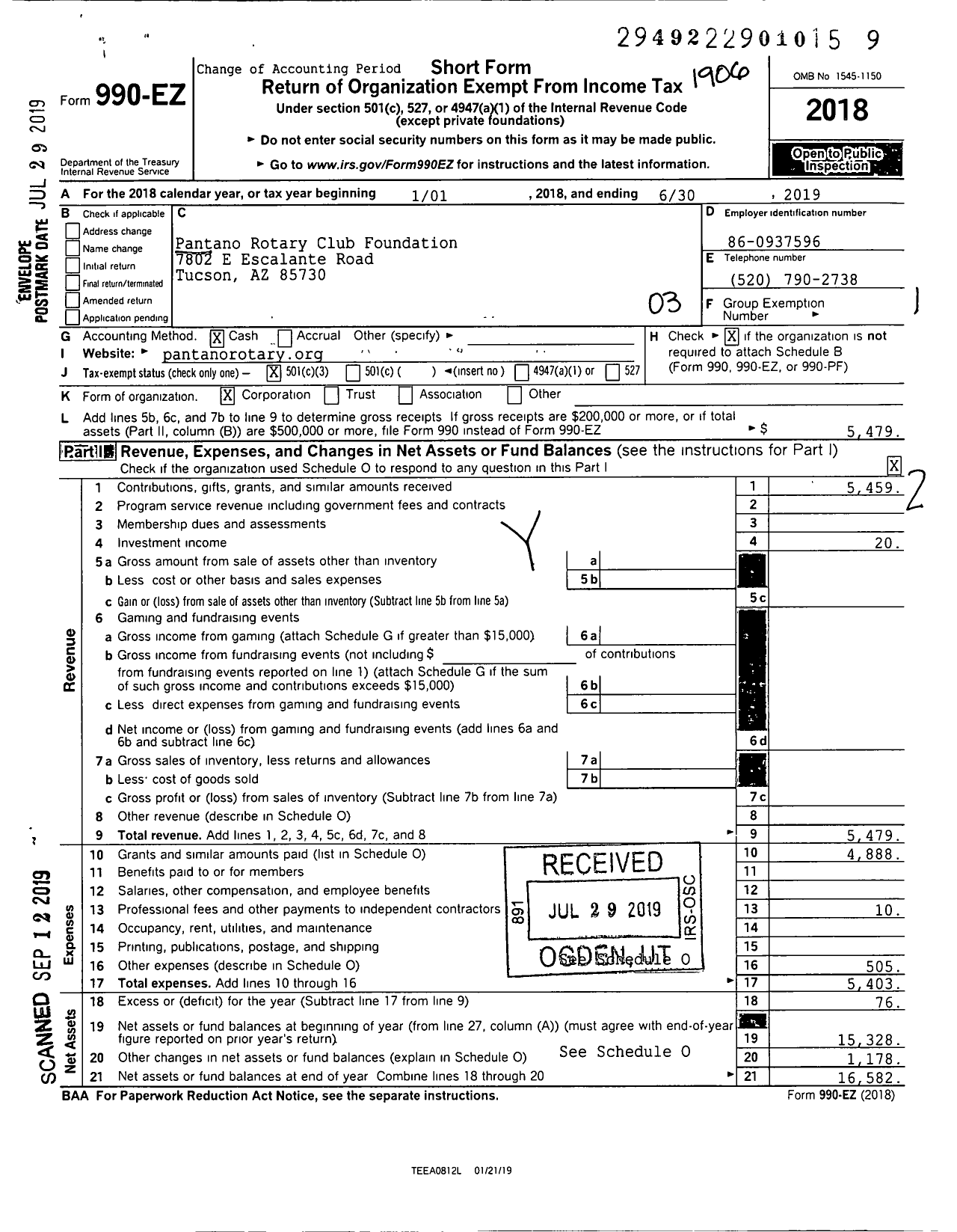 Image of first page of 2018 Form 990EZ for Pantano Rotary Club Foundation