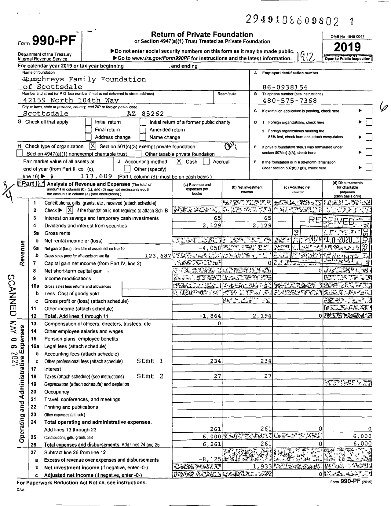 Image of first page of 2019 Form 990PF for Humphreys Family Foundation of Scottsdale