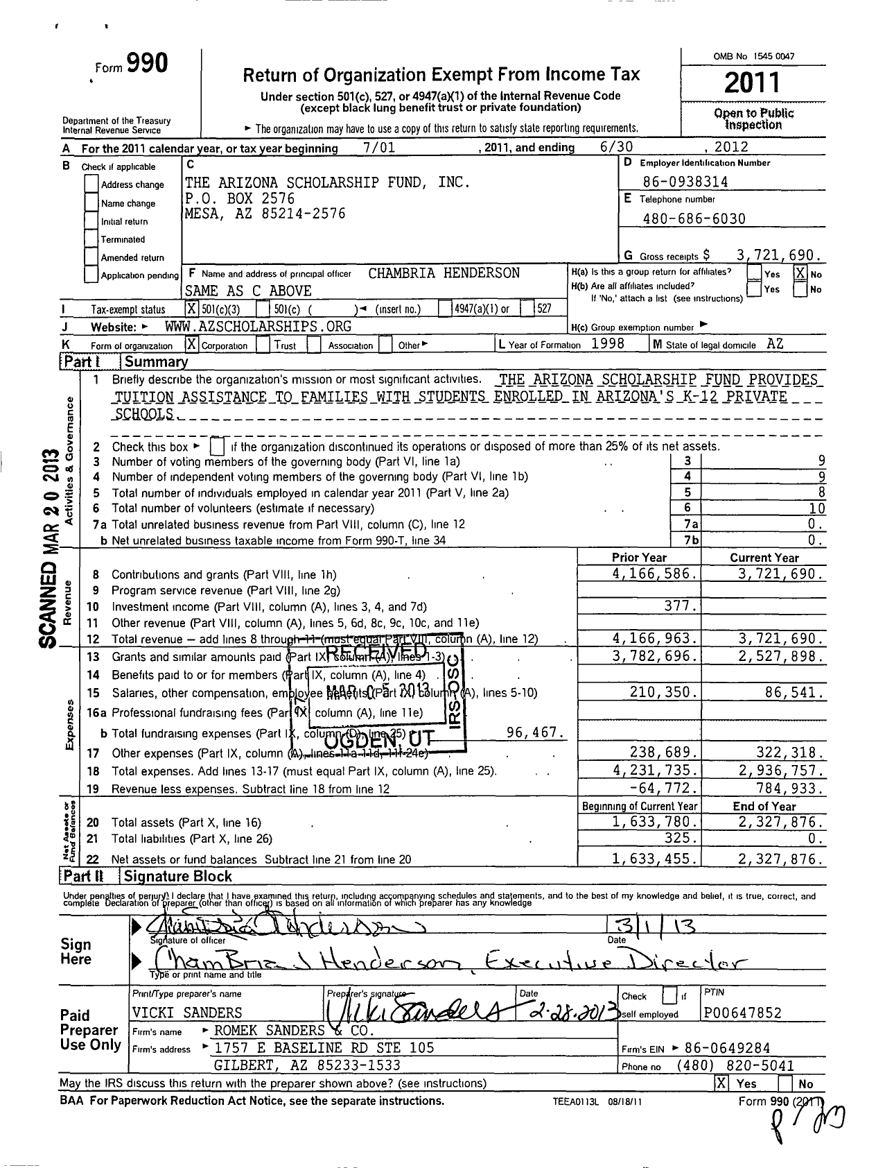 Image of first page of 2011 Form 990 for Arizona Scholarship Fund