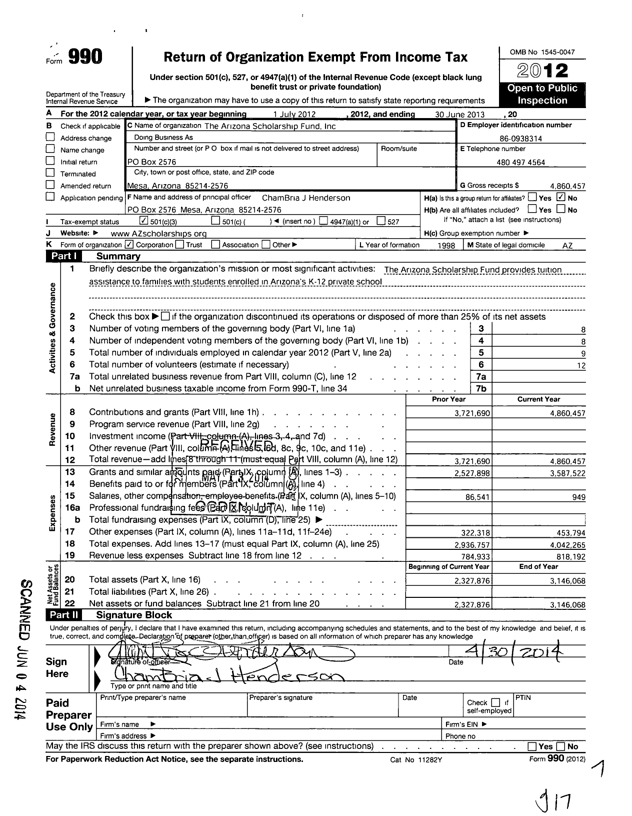 Image of first page of 2012 Form 990 for Arizona Scholarship Fund