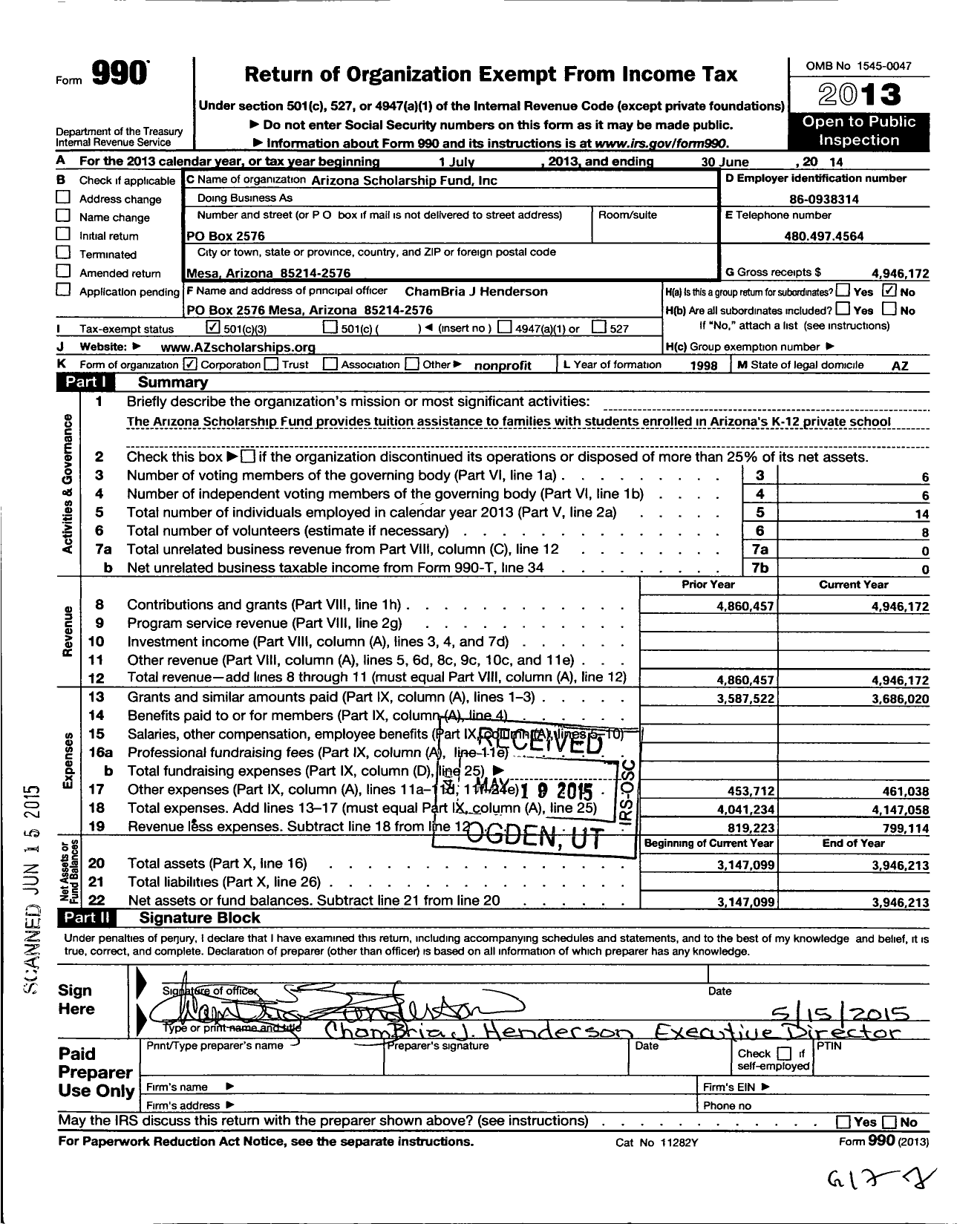 Image of first page of 2013 Form 990 for Arizona Scholarship Fund