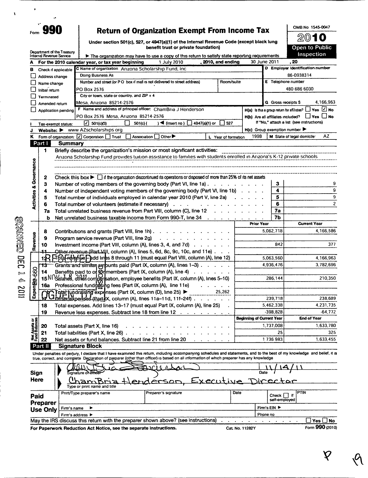 Image of first page of 2010 Form 990 for Arizona Scholarship Fund