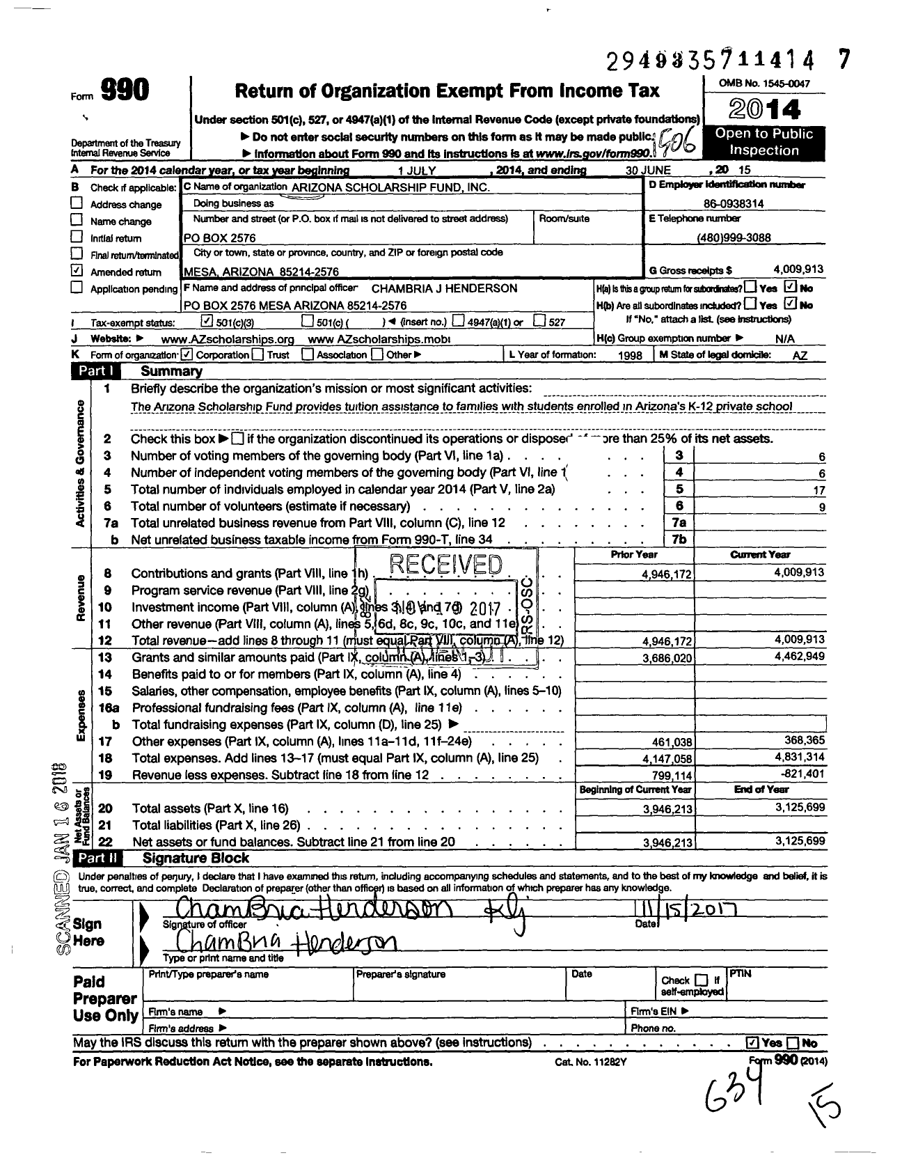 Image of first page of 2014 Form 990 for Arizona Scholarship Fund