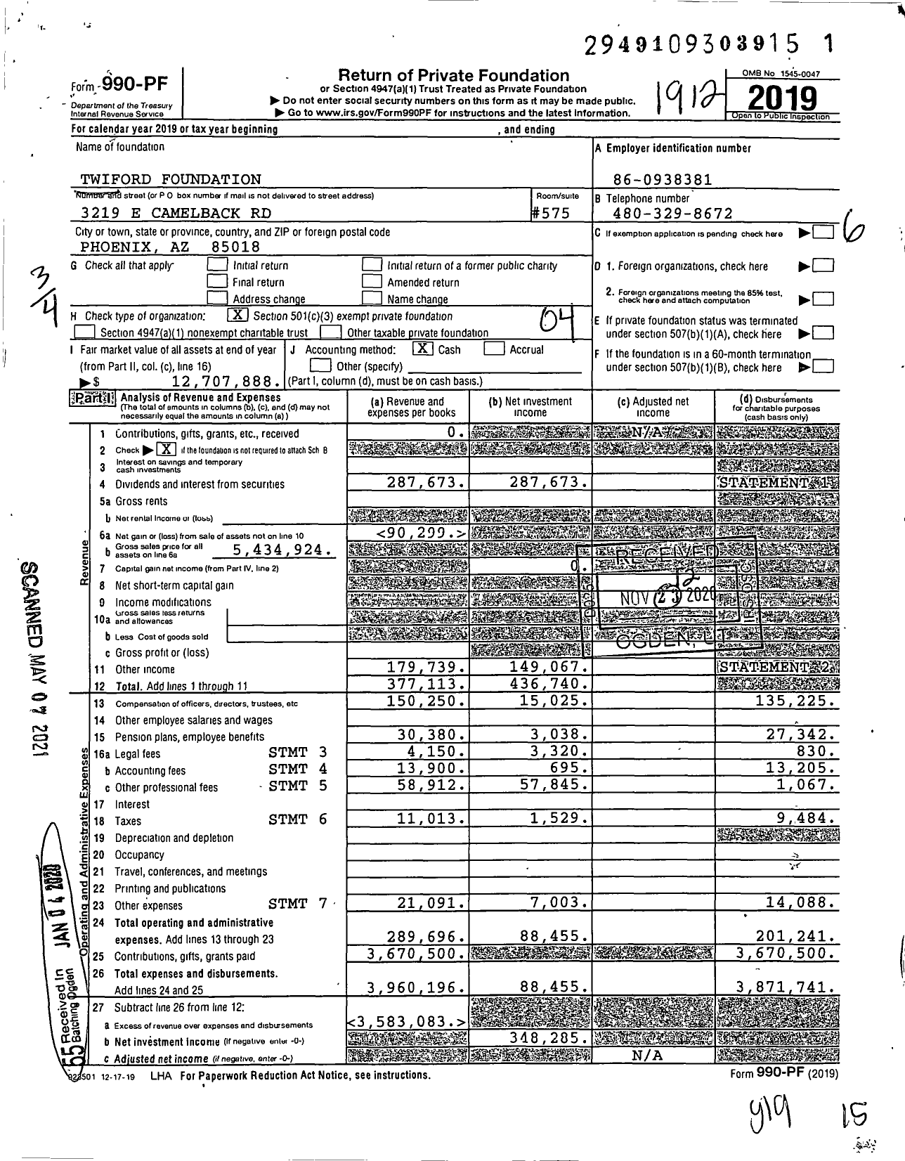 Image of first page of 2019 Form 990PF for Twiford Foundation