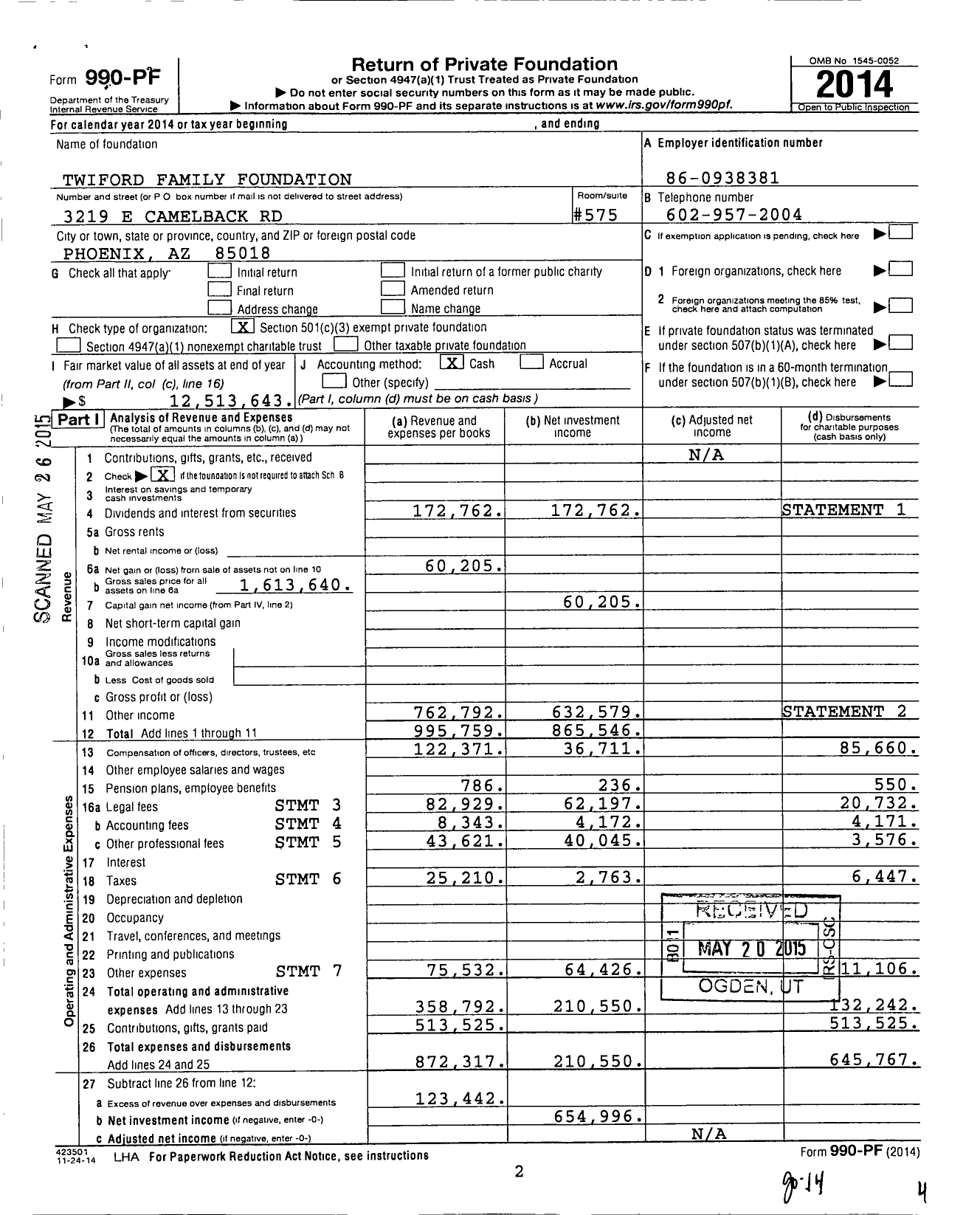 Image of first page of 2014 Form 990PF for Twiford Foundation
