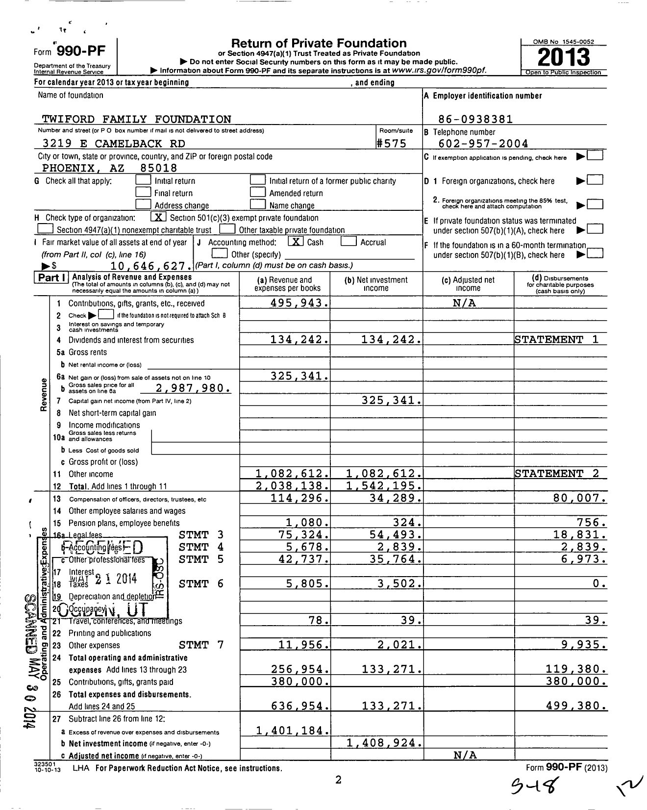 Image of first page of 2013 Form 990PF for Twiford Foundation