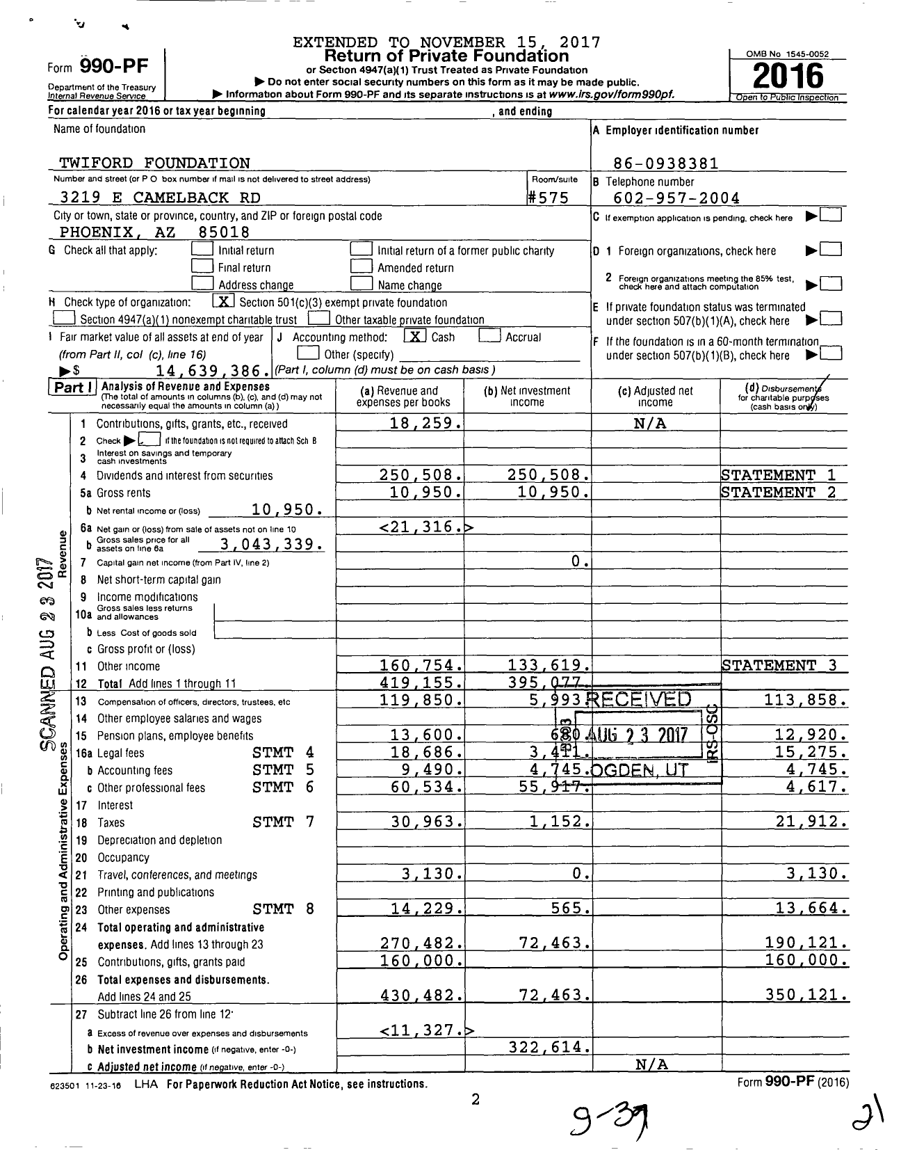 Image of first page of 2016 Form 990PF for Twiford Foundation