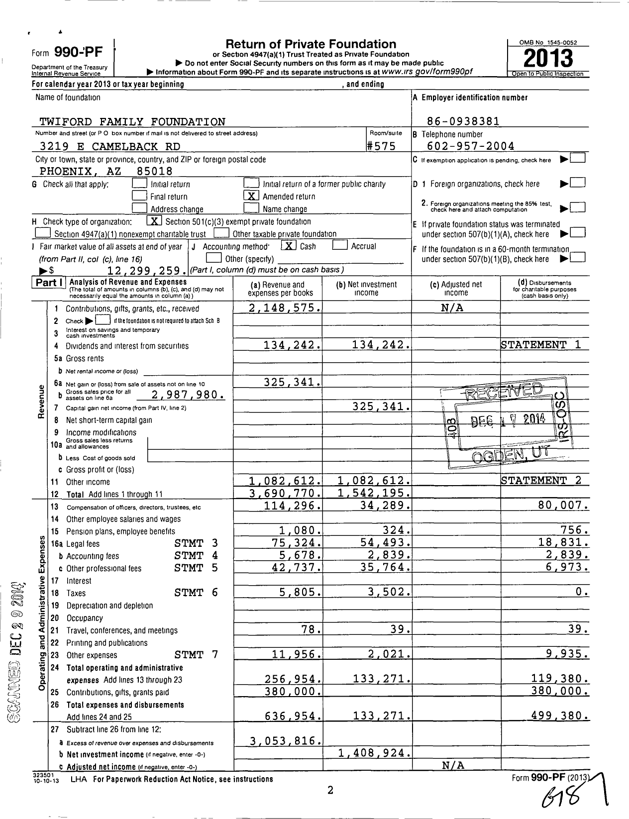 Image of first page of 2013 Form 990PF for Twiford Foundation
